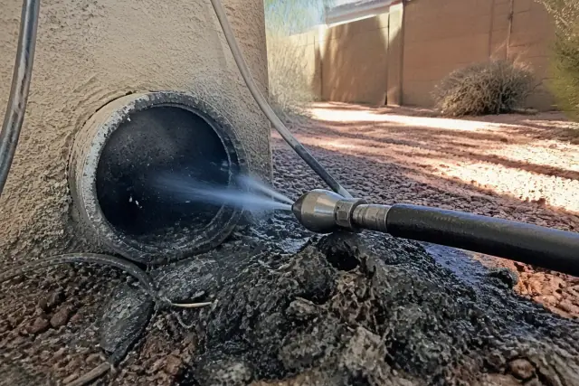 Hydro jetting nozzle clearing debris from a drain pipe in a suburban backyard in Chandler, AZ.
