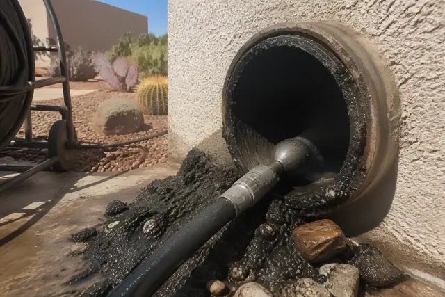 High-pressure hose nozzle clearing debris from an industrial drain pipe at a job site in Phoenix, AZ.