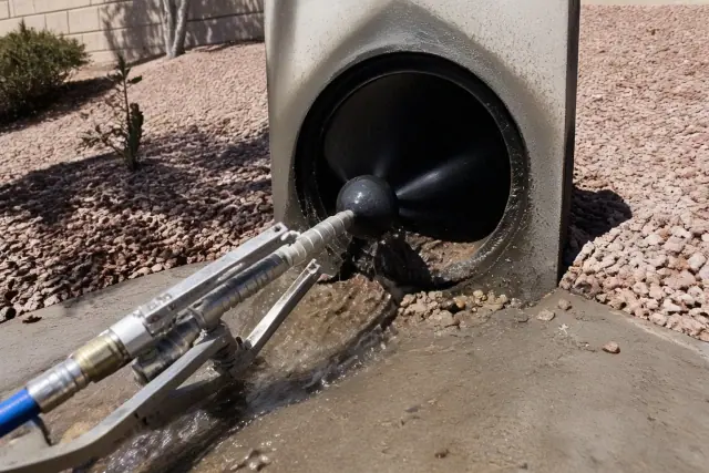 High pressure hydro jetting hose cleaning a main sewer line at a trenchless repair site in Phoenix, AZ.