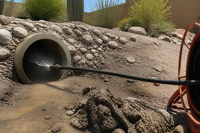 Hydro jetting equipment cleaning a sewer line at a residential worksite in Phoenix, AZ.
