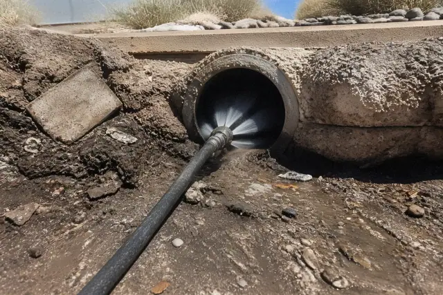 High-pressure hose nozzle cleaning a sewer pipe at a jobsite in Phoenix, AZ.