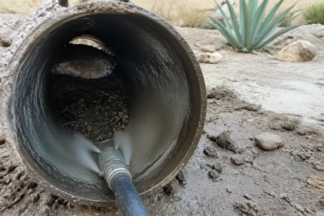 Hydro jetting nozzle cleaning an industrial pipe with visible debris in Phoenix, AZ.