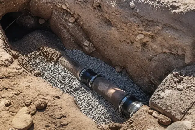 A trench with new sewer pipe couplings and gravel bedding in dry desert soil during a job in Phoenix, AZ.