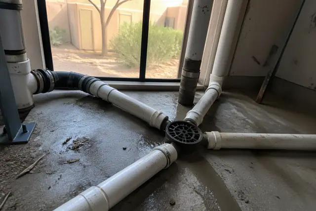 PVC drainage pipes and floor drain assembly in a Tempe, AZ industrial basement utility room.