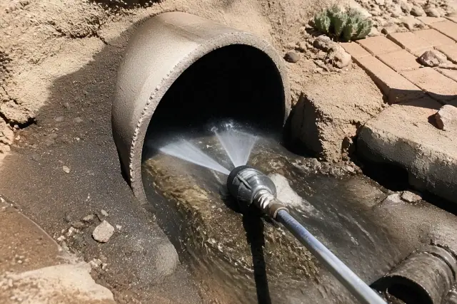 Hydro-jetting nozzle cleaning a sewer pipe with debris in Phoenix, AZ.