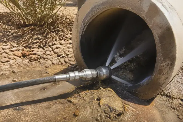 Hydro-jetting nozzle cleaning a main sewer line pipe in Surprise, AZ, amidst desert gravel.