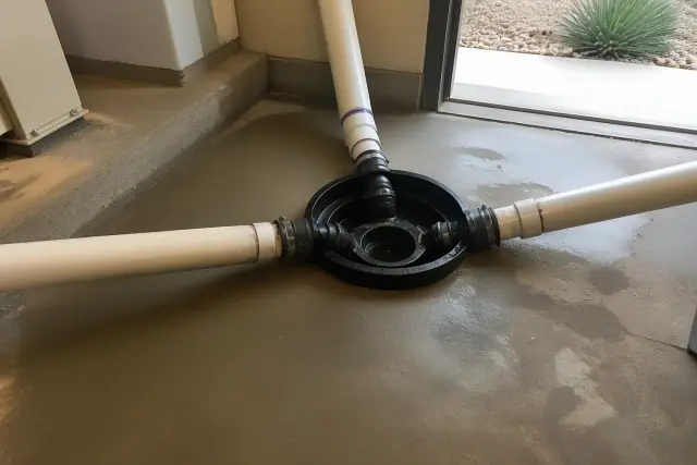 Cleaned PVC drainage pipes leading into a central floor drain in an Avondale, AZ utility room.