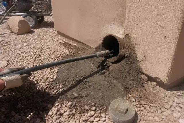 High-pressure hose clearing sediment from a sewer pipe during a main line cleaning project in Goodyear, AZ.