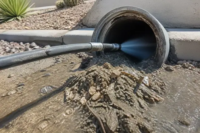 High-pressure nozzle cleaning sediment from an outdoor drainage pipe in Mesa, AZ.