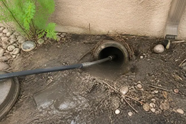 High-pressure sewer jetting nozzle clearing debris at a residential property in Scottsdale, AZ.