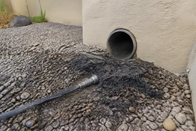High-pressure sewer hose and cleaned drainage pipe at a residential property in Chandler, AZ.