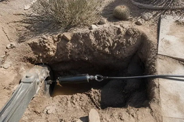 Hydraulic bursting head positioned in a trenchless sewer repair pit in Phoenix, AZ.