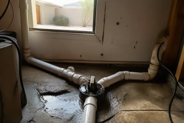 PVC drainage pipes and floor drain in a utility room during a sewer cleaning job in Phoenix, AZ.