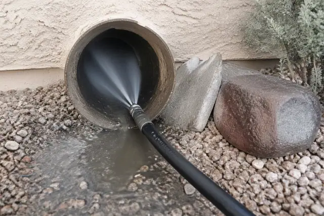 High-pressure hydro-jetting hose cleaning a sewer pipe at a worksite in Glendale, AZ.