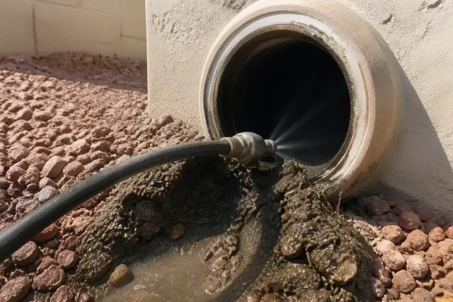 High pressure sewer cleaning hose at a residential drainage pipe in Peoria, AZ.