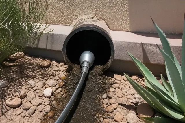 High-pressure hydro-jetting nozzle cleaning a main sewer line at a job site in Gilbert, AZ.