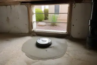 Main sewer cleanout pipe with a resealed metallic cap in a residential basement in Phoenix, AZ.