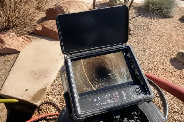 Sewer camera inspection monitor showing pipe roots in a xeriscaped front yard in Phoenix, AZ.