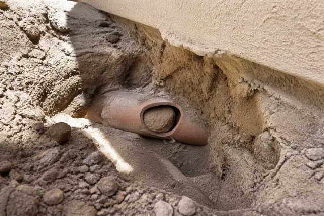 Offset clay joint blocking a liner in a trench at a foundation excavation site in Phoenix, AZ.