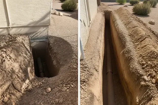 One access pit compared to a full-length trench with cracked terra cotta piping at a construction site in Phoenix, AZ.