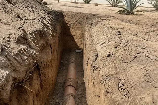 Open trench with exposed terra cotta sewer pipe in compacted soil at a residential jobsite in Phoenix, AZ.