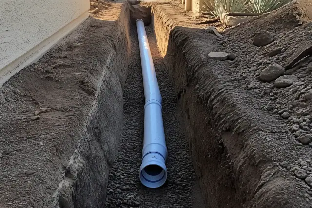Open-trench sewer line replacement showing a new pipe installed in compacted desert soil in Phoenix, AZ.
