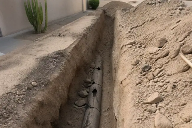 Deep trench with new sewer piping and compacted soil at a job site in Phoenix, AZ.