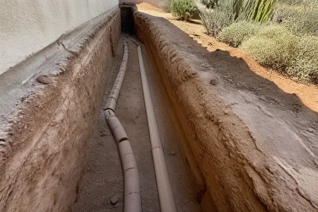 Sewer pipe belly compared to a proper slope in a foundation excavation trench in Phoenix, AZ.