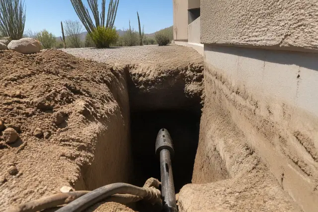 Access pit showing a hydraulic pipe bursting head beside a residential foundation in Phoenix, AZ.