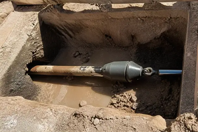 Hydraulic bursting head positioned in a trenchless entry pit at a job site in Phoenix, AZ.
