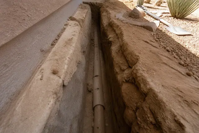 Deep trench showing cracked terra cotta pipe and compacted caliche soil during an excavation job in Phoenix, AZ.
