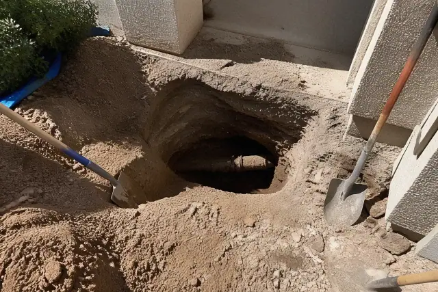 A trench restoration project with exposed pipes and soil in a residential backyard in Phoenix, AZ.