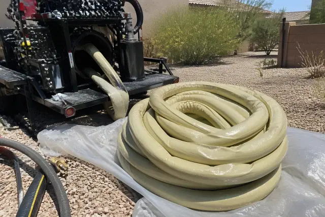 Resin-coated CIPP sewer liner and hydraulic inversion machine in a residential backyard in Phoenix, AZ.