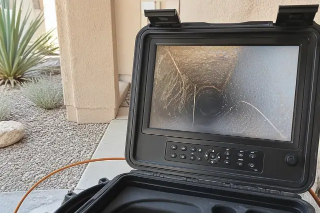 Sewer camera inspection monitor showing pipe conditions outside a building in Phoenix, AZ.