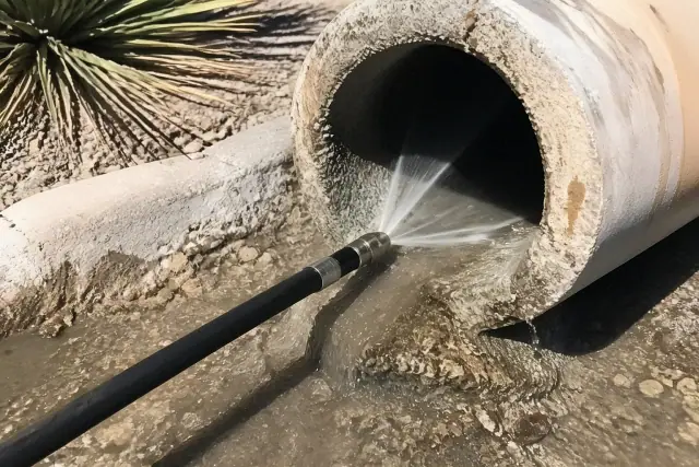 High-pressure hose nozzle clearing debris from an industrial drainage pipe during maintenance in Phoenix, AZ.