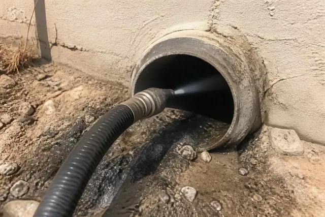 Hydro-jetting equipment cleaning a sewer pipe near a stucco wall in Phoenix, AZ.