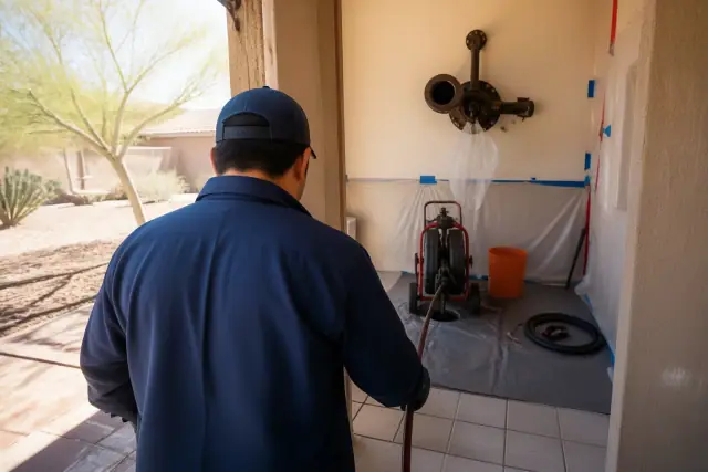 A technician repairs a sewer pipe access point in a Phoenix, AZ utility room with sunlight visible through the doorway.