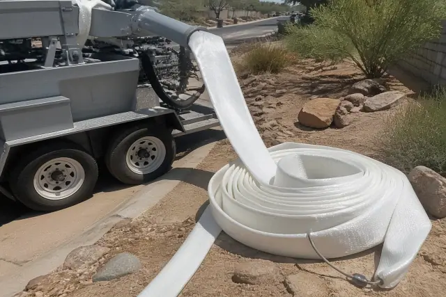 Resin-coated sewer liner beside a hydraulic inversion machine at a residential jobsite in Phoenix, AZ.