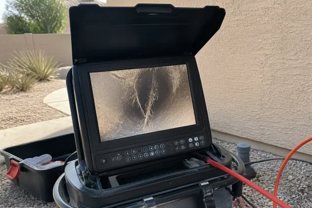 Sewer camera monitor showing pipe conditions and tree roots at a job site in Phoenix, AZ.