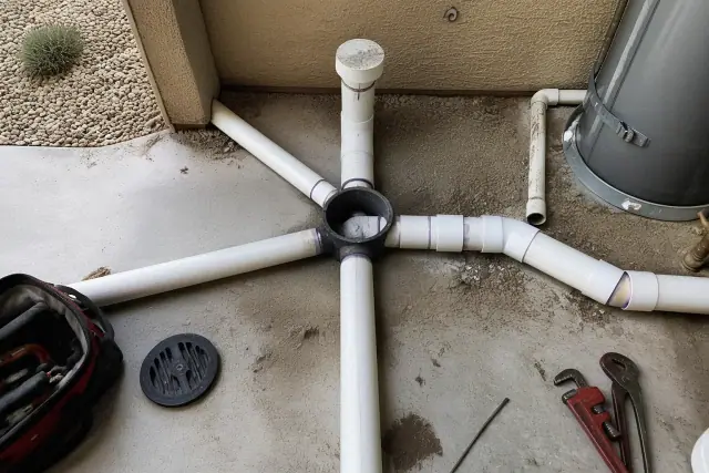 PVC drainage pipes and a central floor drain in a utility room during a residential sewer cleaning in Phoenix, AZ.