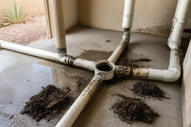 PVC drainage pipes and cleared debris in a residential utility room during a drain cleaning job in Phoenix, AZ.