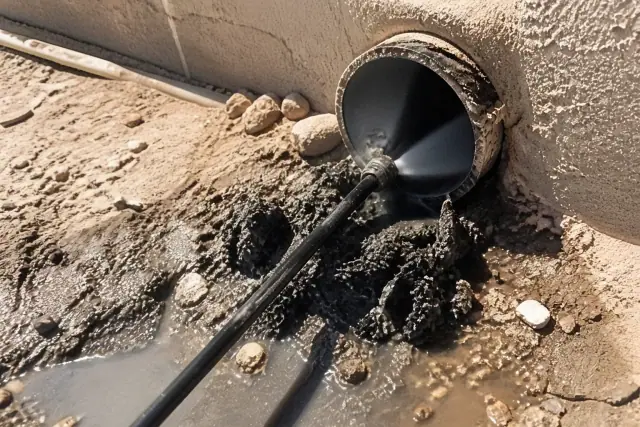 Hydro-jetting nozzle clearing debris from a residential main drain line in Phoenix, AZ.
