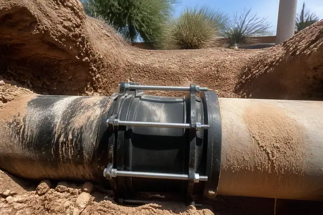 Underground pipe coupling with rubberized gaskets at a residential sewer job site in Phoenix, AZ.