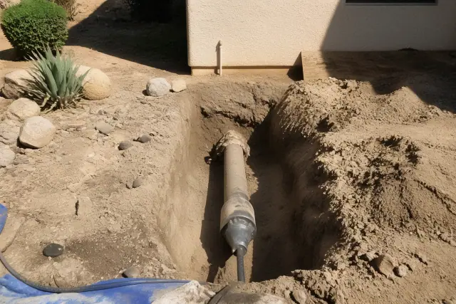 Excavation trench with exposed sewer pipe and measuring tools in Phoenix, AZ.