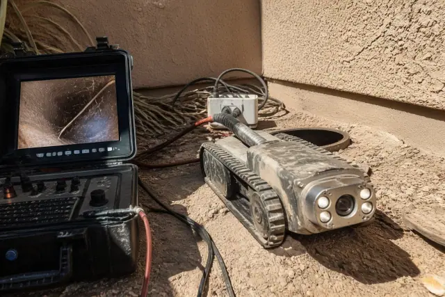 Robotic crawler camera for sewer inspection on a job site in Phoenix, AZ, with a monitor showing internal pipe footage.