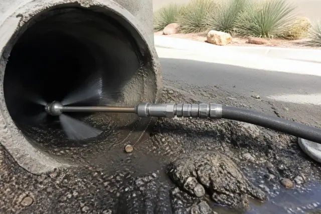 High-pressure nozzle cleaning a sewer line with debris clearance in Phoenix, AZ.