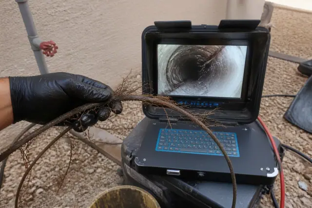 Technician performing a sewer camera inspection on a pipe with tree roots in Phoenix, AZ.