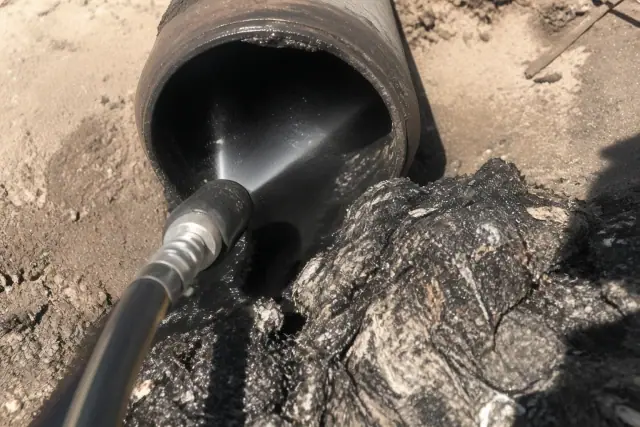 Hydro-jetting nozzle clearing an industrial drainage pipe with debris in Phoenix, AZ.
