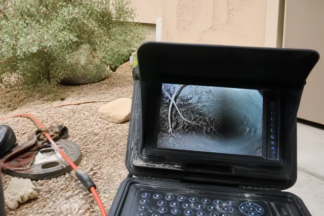 Sewer camera inspection monitor showing tree roots in a pipe at a job site in Phoenix, AZ.