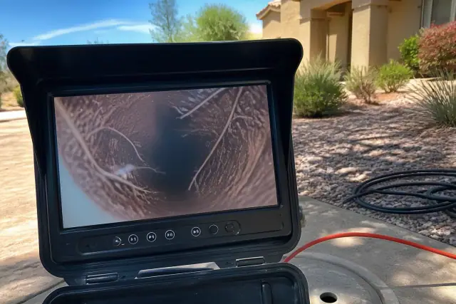Sewer camera monitor displaying tree root obstructions inside a pipe at a residential jobsite in Peoria, AZ.